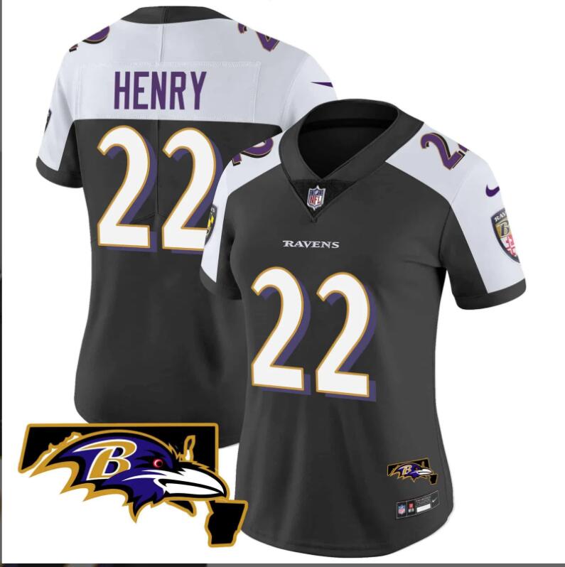 Women Baltimore Ravens 22 Henry Maryland Patch Vapor Limited 2024 NFL Nike black jerseys